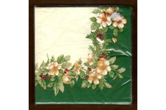 16 Christmas Napkins, C.R. Gibson, Holiday Splendor Beverage 4.75" Floral Green