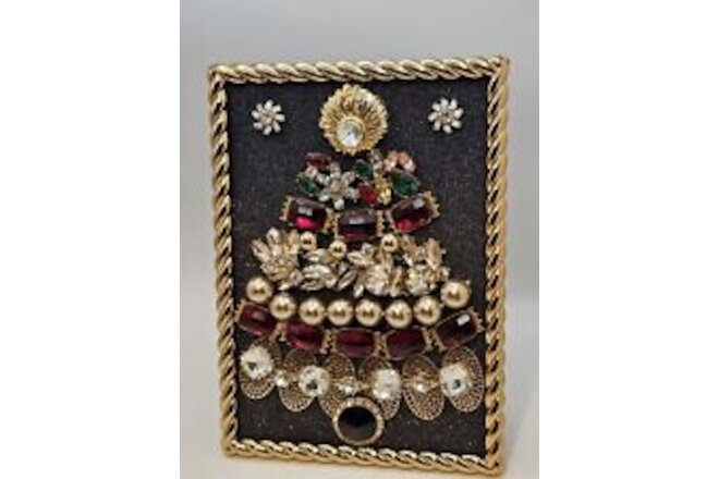 CHRISTMAS TREE Picture Mixed Media Framed Jewelry Art OOAK Assemblage New Vtg