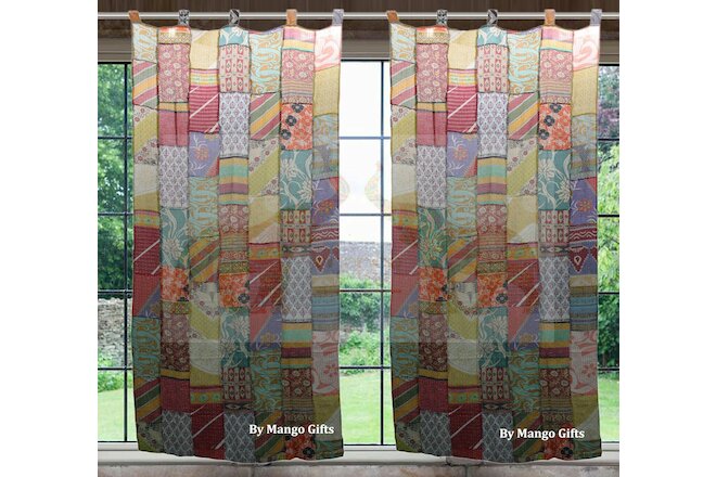 Indian Old Sari Patchwork Curtain Door Drape Boho Decor Cotton Multi Kantha Pair