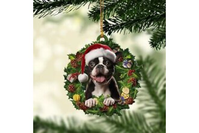 Boston Terrier 2D Flat Christmas Ornament, Boston Terrier Wearing A Christmas...