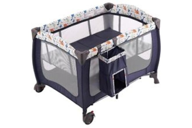 Portable Baby Nursery Center Play Yard with Wheels Navy Blue