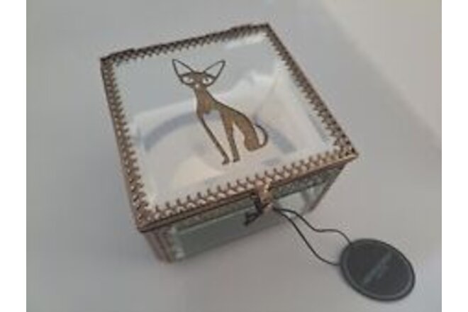Cynthia Rowley New York Glass Siamese Cat Trinket Box Gold Trim Jewelry Box