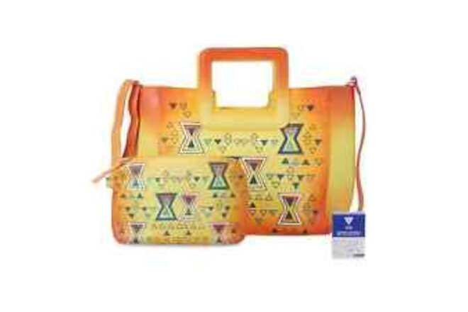 SUKRITI Orange Yellow Geometric Leather Tote Bag Pouch with 10 Pcs Leather Wipes
