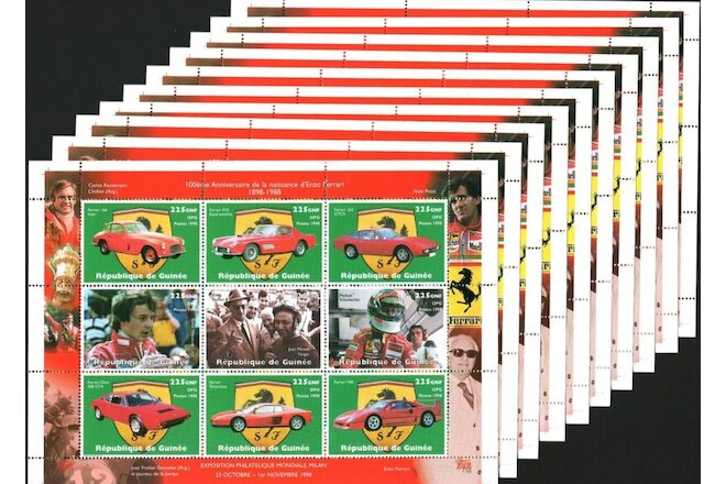 Guinea 1988 Wholesale Lot Of 10 Stamps Sheets Ferrari Racing Cars MNH #12955