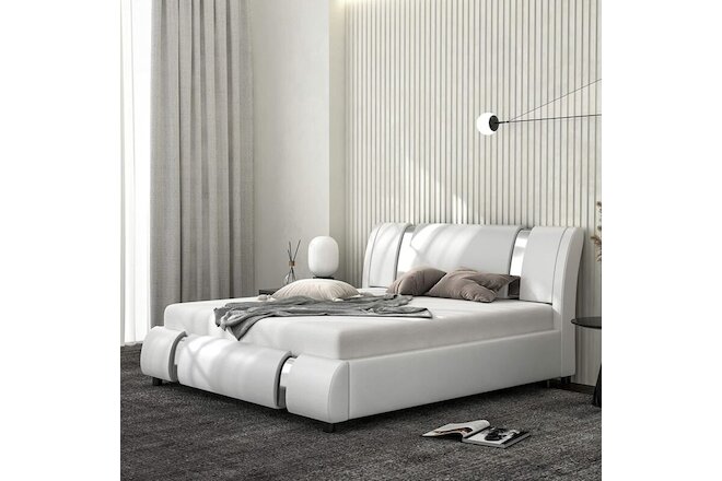 Full Size Platform Bed Frame with Luxury Solid Faux Leather Upholstery, White