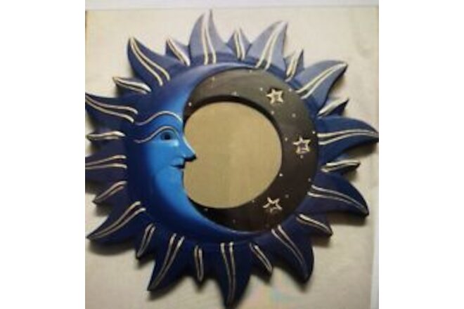 MOON & STARS MIRROR 16” Hand Carved & Painted NEW BLUE