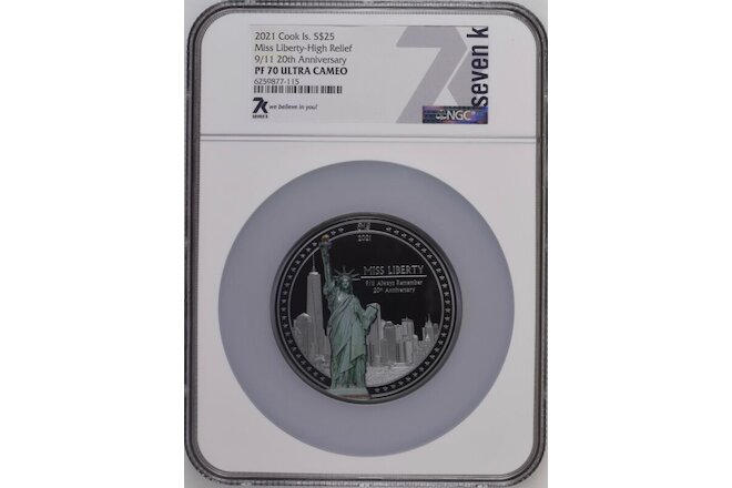 2021 Cook Islands Miss Liberty 9/11 $25 20th Anniversary 5oz Silver Coin PF70 UC