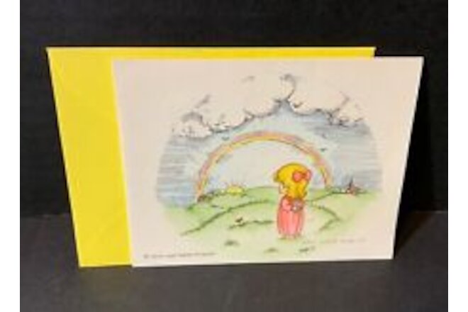 VTG Joan Walsh Anglund Blank Note Card UNUSED Pretty Girl Sunrise Rainbow Clouds