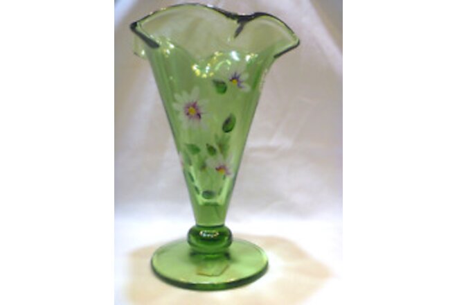 Fenton Glass Trumpet Vase, Fern Green, NIB, Hand painted, 5973 QW