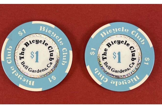 2 Beautiful $1 Gambling Chips From The Bicycle Club Bell Gardens CA