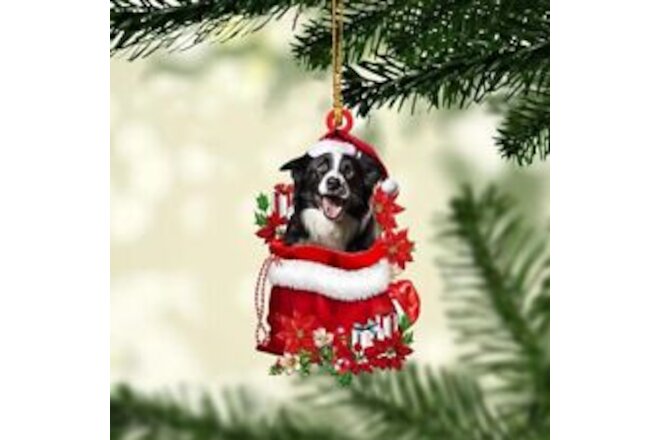 Border Collie 2D Flat Christmas Ornament, Border Collie in Red Santa Gift Bag...