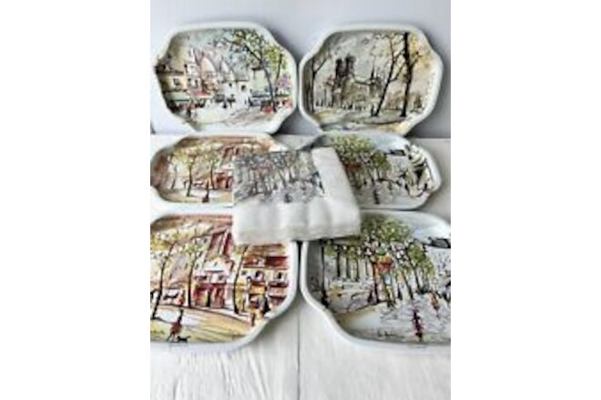 Vtg 6 Elite Tin Snack Canape Trays Paris Scenes Puillery Art Made in England