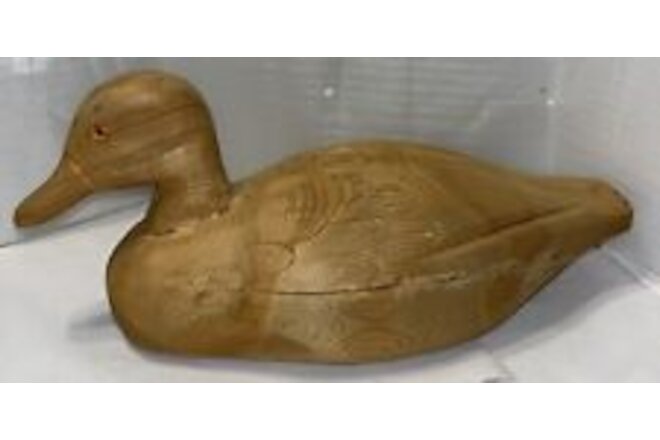 Vintage Hand Carved Duck Decoy Unpainted Solid Wood, Glass Eyes, Canada, 13”Long