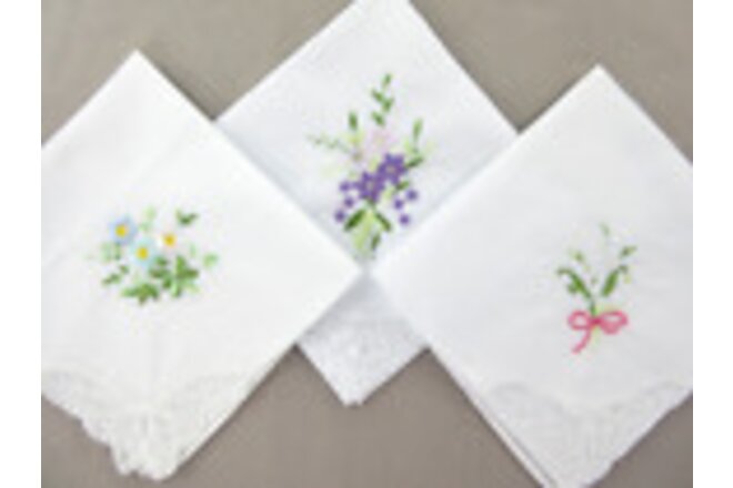 Lace Handkerchiefs LOT 3 White Cotton Hankie Butterfly Floral Embroider Applique