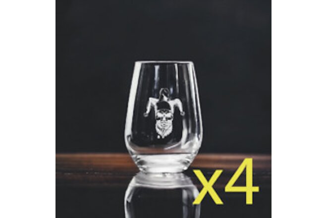 Skull Jester Stemless Wine Glasses x4 Premium 15 Oz Personalize Joker NEW