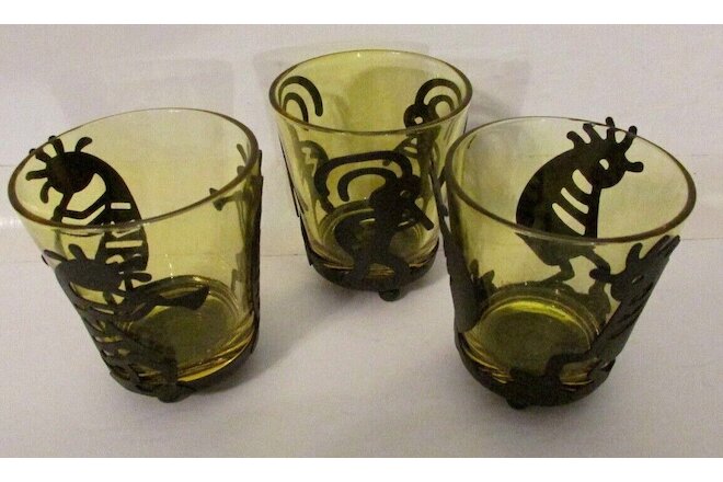 kokopelli glass candle votive footed metal holder set of 3