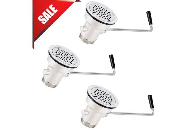 3 PACK Twist Lever Handle Waste Valve 3.5 Sink Opening Commercial Drain Strainer