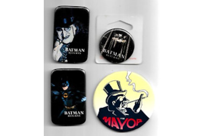 BATMAN RETURNS Movie Pins LOT (4) Penguin For Mayor plus Batman Pin Backs 1992