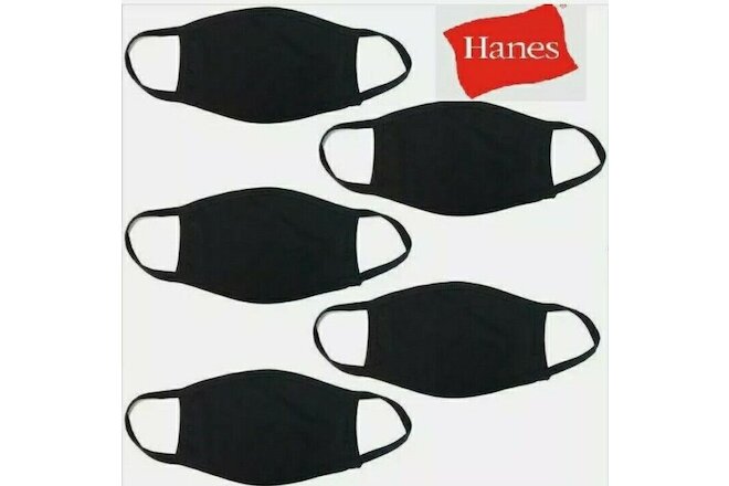 RETAIL 5Pk (NOT A BAG!) Hanes BLACK 100% Cool Comfort Fabric Face Mask Reusable