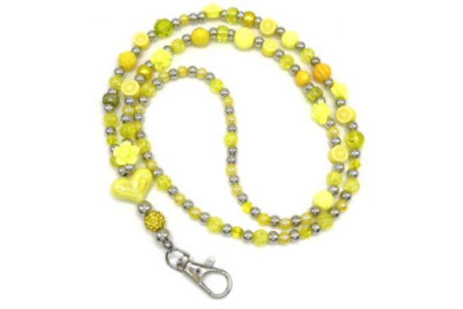 ID Badge Beaded Lanyard: YELLOW Heart, Lemons & Roses - Acrylic Beads 32" +3"