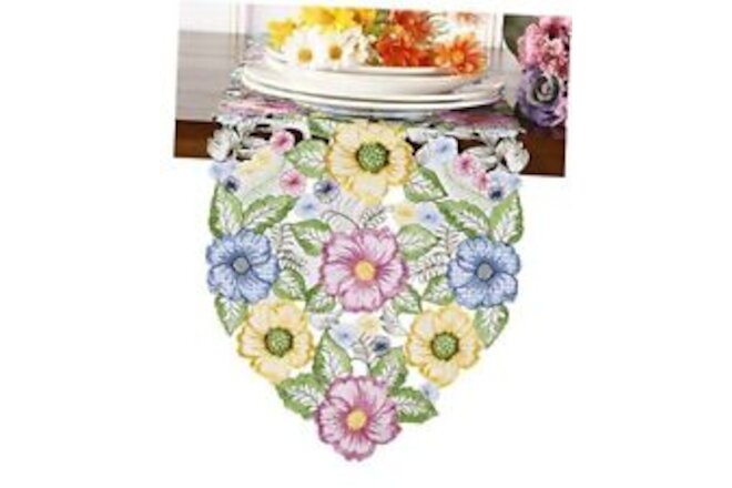 Flowery Table , Cutwork Embroidered Floral Flowers Runner 13"×34" Flower-2