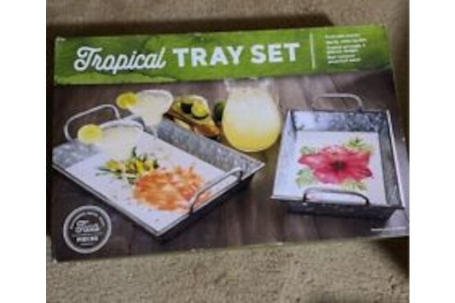 Tropical Tray Set, 2 Piece Metal Serving Trays - Hibiscus & Pineapple