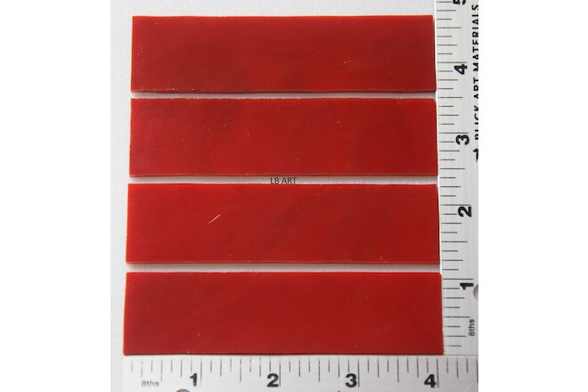 0124.30 - 4 pcs- 1" x 4" OPAQUE RED BULLSEYE 3mm THICK GLASS SHEET STRIPS 90 COE