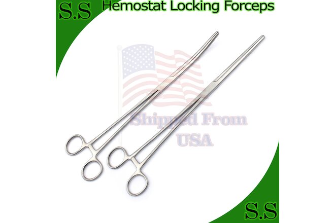 New 2pc Set 12" Straight + Curved Hemostat Forceps Locking Clamps Stainless