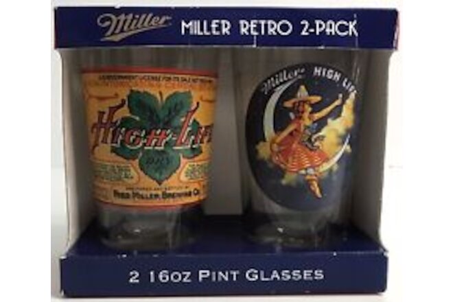 Miller Beer Retro 2 Pack 16oz Pint Glass Set Bar Pub Boelter Brands New Man Cave