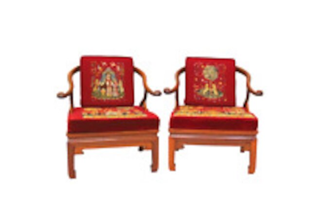 Vintage Chinese Rosewood Armchair Chairs Hand Stitched French Tapestry Cushions