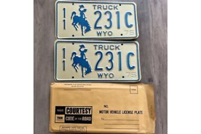 1975 NOS Wyoming TRUCK Cowboy & Horse License Plate Plates PAIR / SET #231C