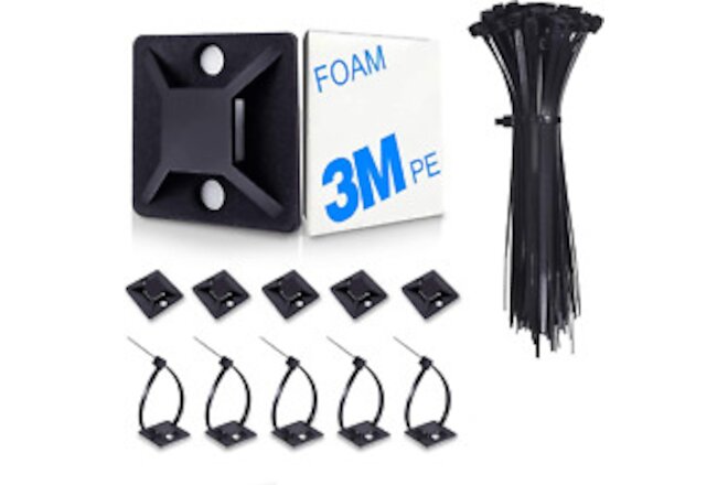 4/5" 100 Pack Zip Tie Mount with Cable Ties,Self Adhesive-Backed Mounts