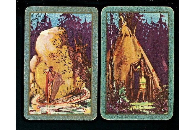 2 AUST SWAP PLAYING CARDS NATIVE AMERICAN WOMAN AT TEEPEE & WARRIOR WITH CANOE