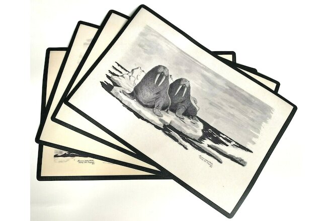 4 Vintage Placemats Florence Malewotkuk Bering Sea Originals, Walrus Bears Husky