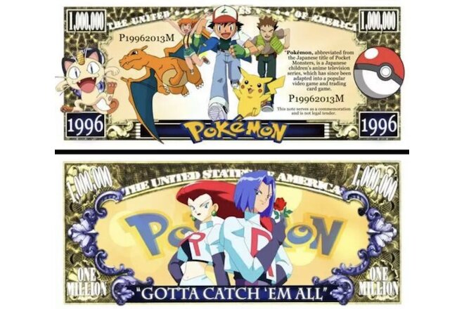 Pokémon Classic 5 Pack Collectible Novelty Funny Money 1 Million Dollar Bills