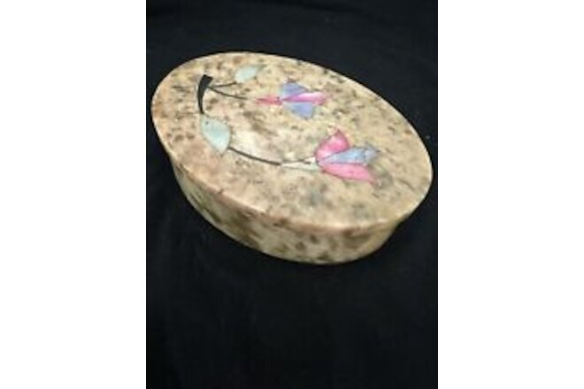 Vintage Stone Trinket Jewelry Box with Mother of Pearl Flower Shaped Inlay