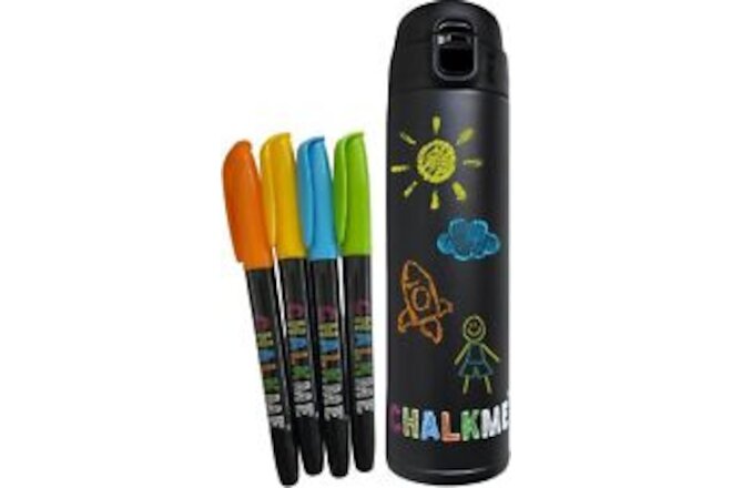 CHAKLME. Kid's water bottle with blackboard experience. Chalk markers include...