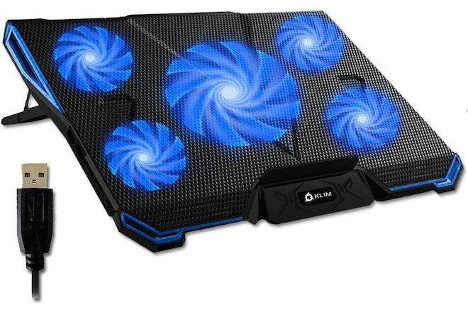 KLIM Cyclone Laptop Cooling Pad & Stand, 5 Fan Notebook Cooler, Blue LED Backlit