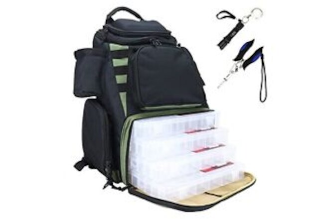 Fishing Backpack, Fits 4 Tackle Large Bag With 4 Tackle Boxes, Tools Included