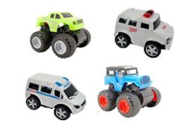 Friction Powered Plastic 4WD Off Road Fire EMS SUV 4X4 Truck Set 4 Pc 3.5 inch