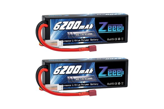 2PCS Zeee 6200mAh 60C 7.4V 2S LiPo Battery Hardcase Deans for RC Car Tank Truck