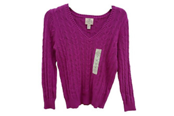 St Johns Bay Women's Size Medium Hot Fuschia V-Neck Classic Cable Sweater NWT
