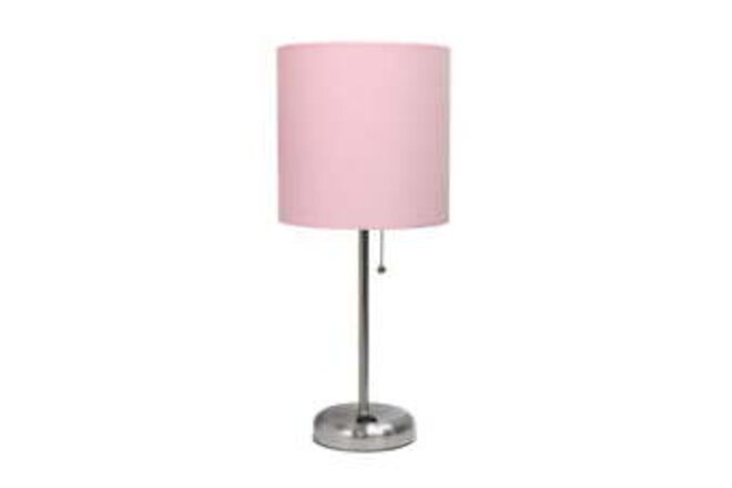 Stick Lamp with Charging Outlet and Fabric Shade, Light Pink