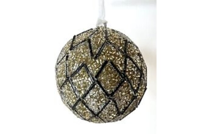 Gold Bugle Bead Silver Glitter Christmas Ornament Black Diamond Pattern 2.5”
