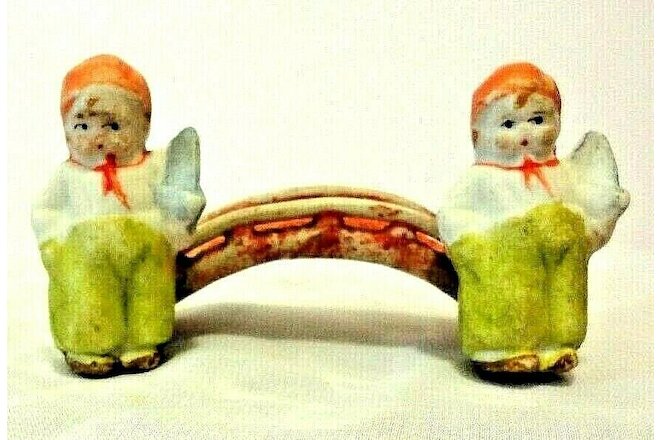 Antique Porcelain Miniature 2 Twin Boy Figurines Holding Sailboats With Bridge