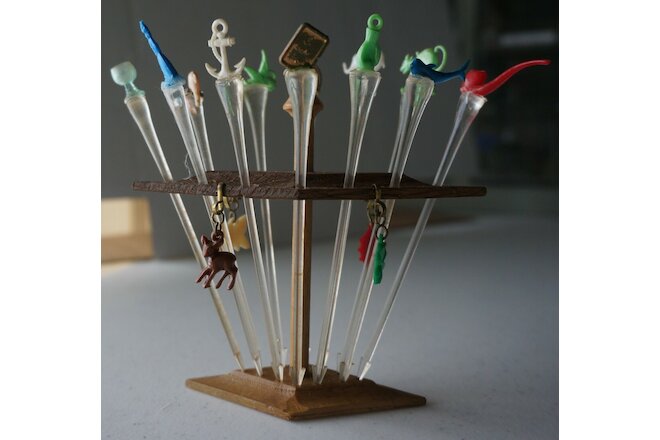 Set of 12 vintage cocktail picks + 4 drink charm markers with wood stand - Rare