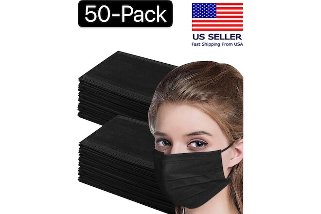 50 Pcs Black 3-Ply Face Mask Disposable Non Medical Surgical Earloop Mouth Cover