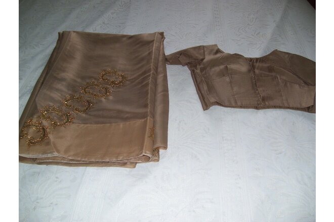 Indian Ethnic Gold Sequence Embroidered  Nylon Blends Sari W/Blouse Taupe Party