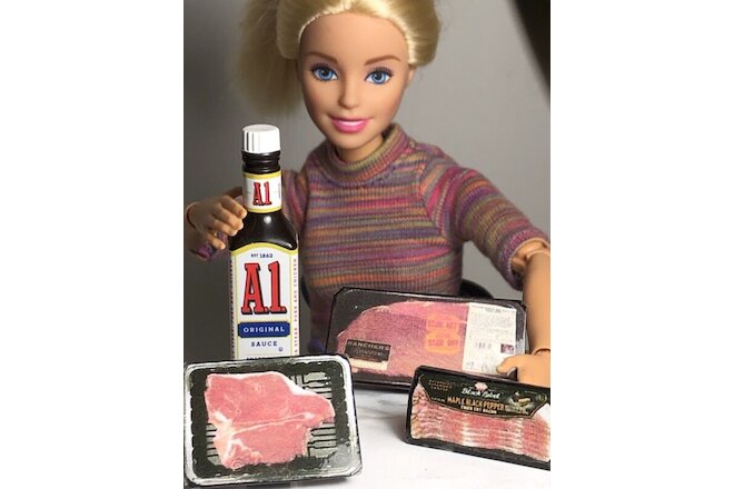 4pc BARBIE Doll FOOD Lot A1 STEAK Sauce 🥩  Bacon Little Kitchen Meat 1:6 SCALE