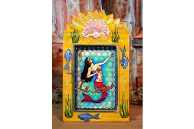 Mermaid La Sirena Tin Retablo Handmade Hand Painted Fish Shells Mexican Folk Art